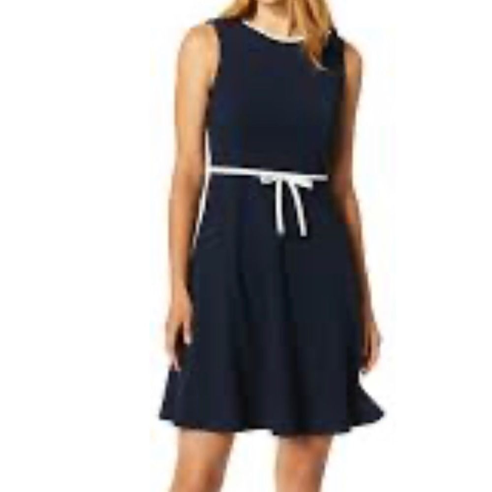 Tommy Hilfiger Scuba Crepe Fit & flare Dress Blue with waist white tie Sz 6